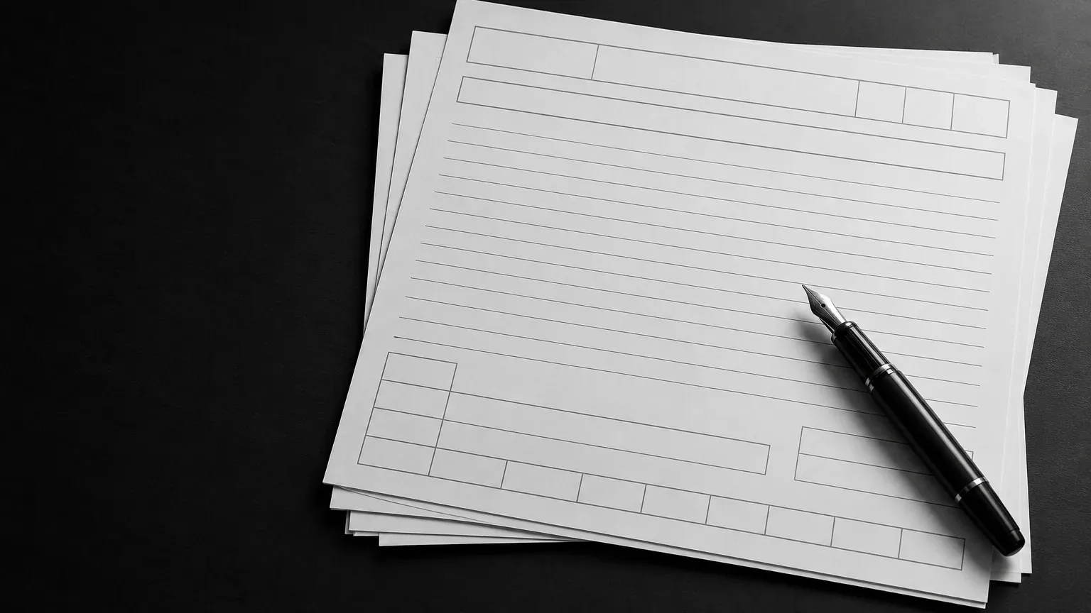 Formulario impreso en blanco sobre un escritorio oscuro, con una pluma encima y más hojas debajo