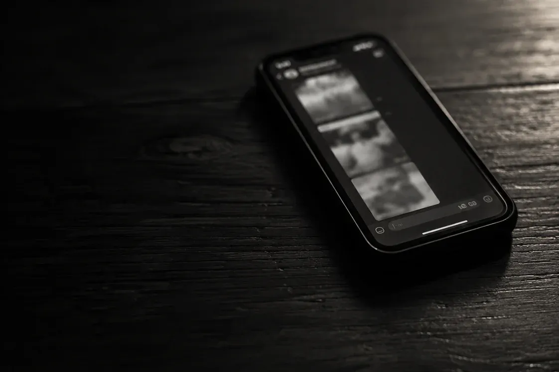 Teléfono sobre una mesa de madera oscura mostrando una conversación llena de fotografías