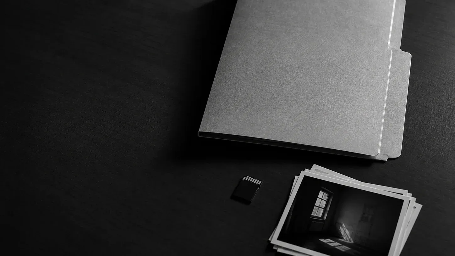 Carpeta cerrada sobre un escritorio oscuro junto a fotografías impresas y una tarjeta de memoria