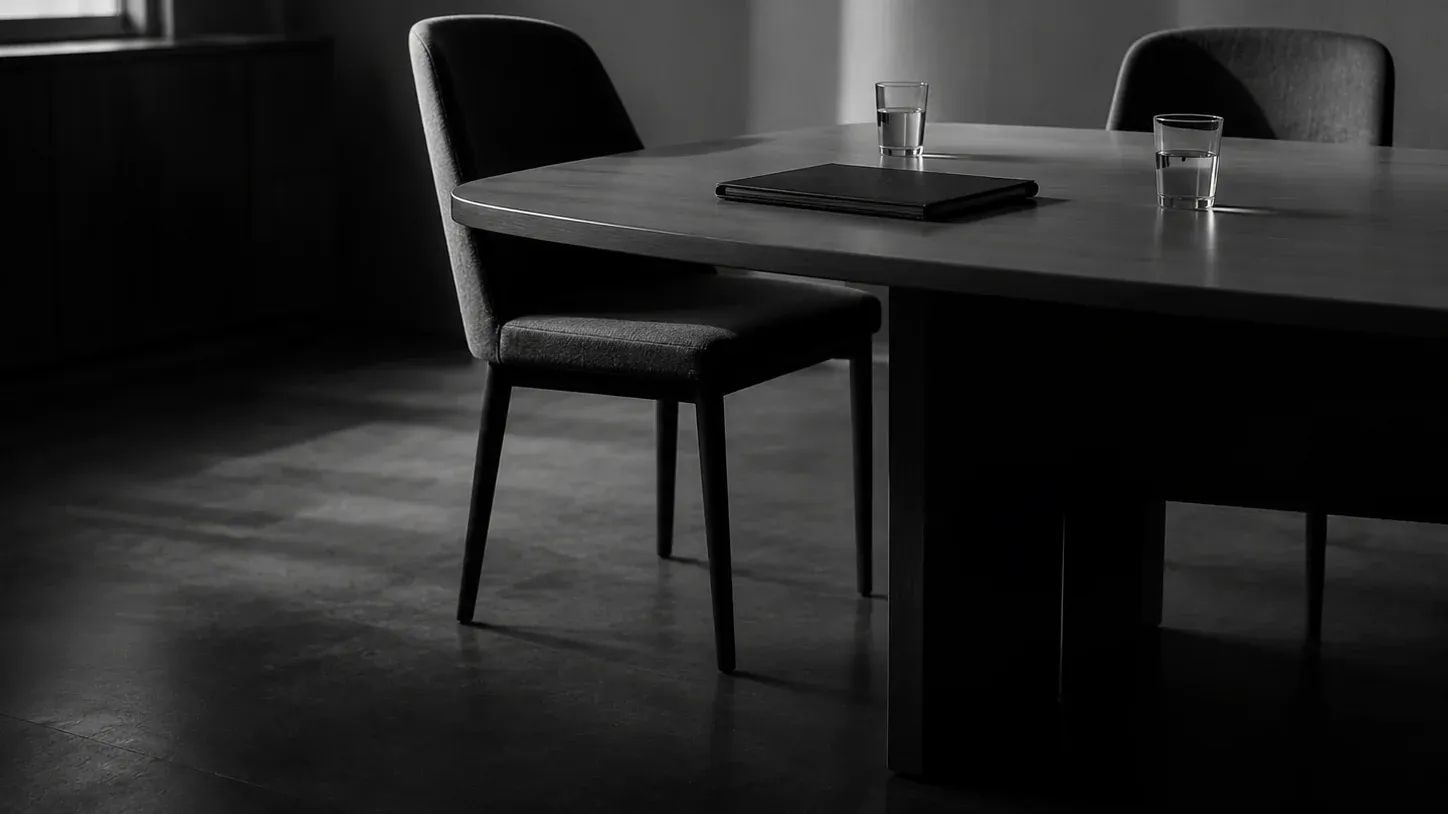 Mesa de reunión vacía con dos sillas enfrentadas, una carpeta cerrada y dos vasos de agua